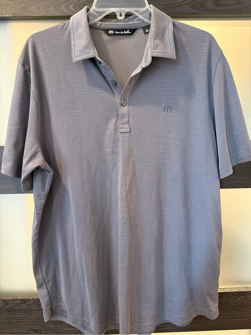 TravisMathew blue grey heathered striped short-sleeve polo shirt size large